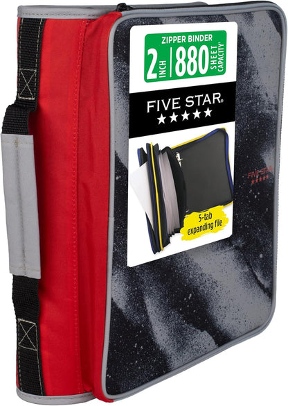Five Star Zipper Binder, 2 Inch 3-Ring Binder with Round Rings, 5-Tab Expanding File, 380 Sheet Capacity, Black (72536)
