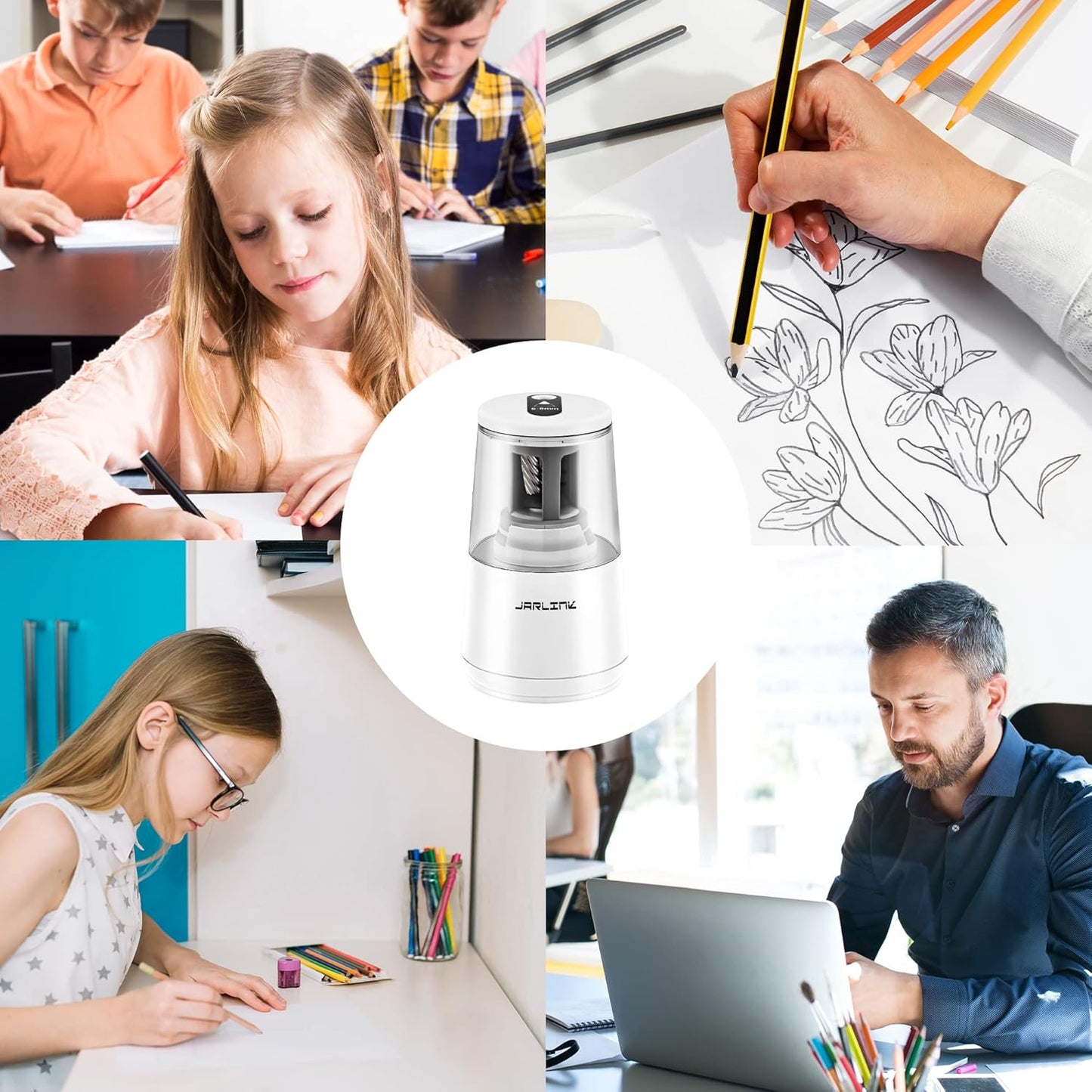JARLINK Electric Pencil Sharpener, Heavy-Duty Helical Blade to Fast Sharpen, Auto Stop for No.2/Colored Pencils(6-8mm), AC Adapter/Battery Operated in School Classroom/Office/Home (Black)