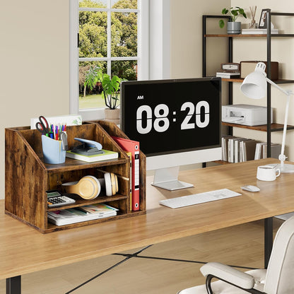 CHOEZON Wooden Desk Organizer with Adjustable Partitions, Multi-Layer Desktop File Holder for Home Office, Paper & Stationery Storage Organizer, Rustic Brown MWJ04FG