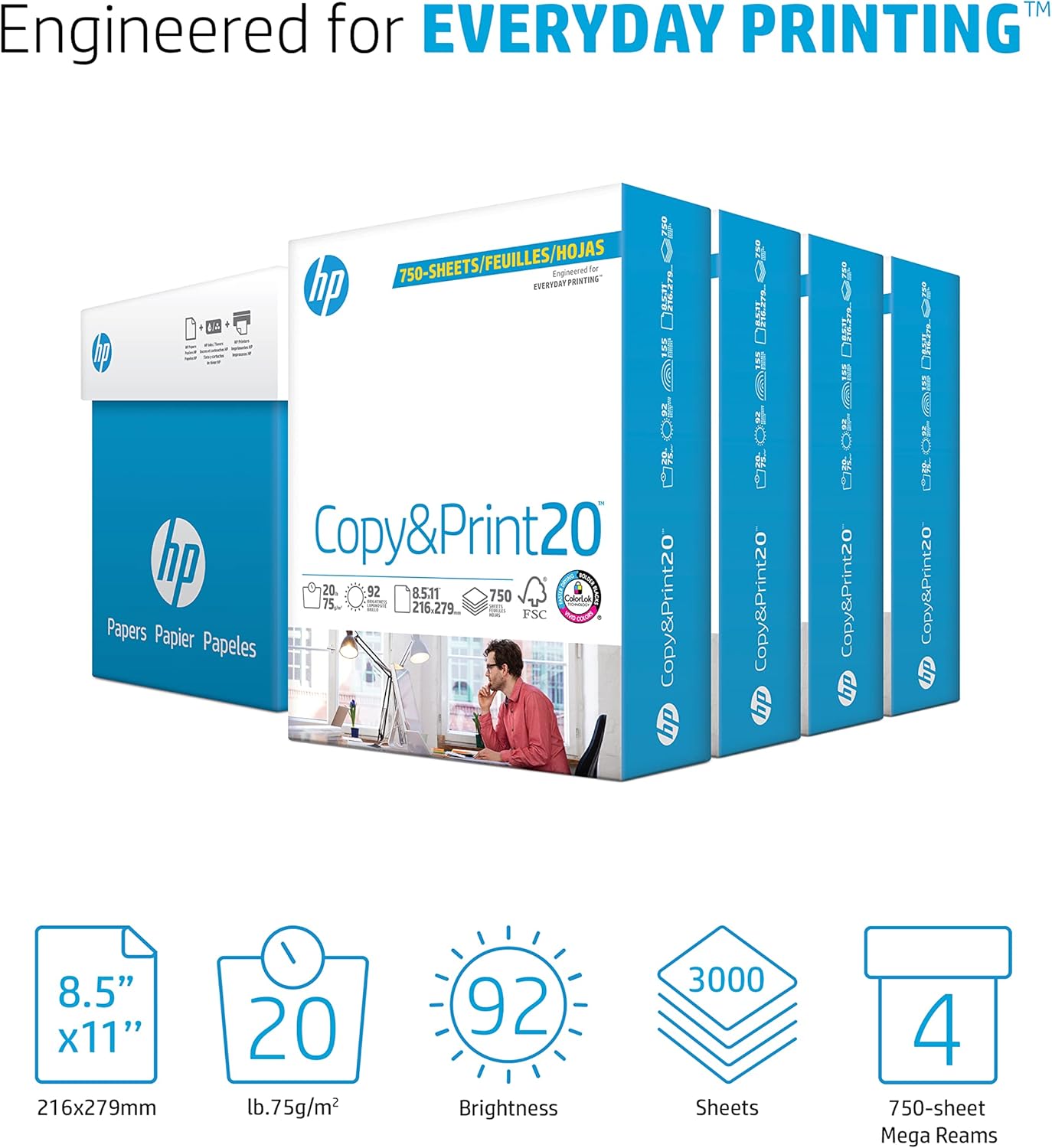 HP Printer Paper | 8.5 x 11 Paper | Copy &Print 20 lb | 1 Ream Case - 500 Sheets| 92 Bright | FSC Certified | 200060