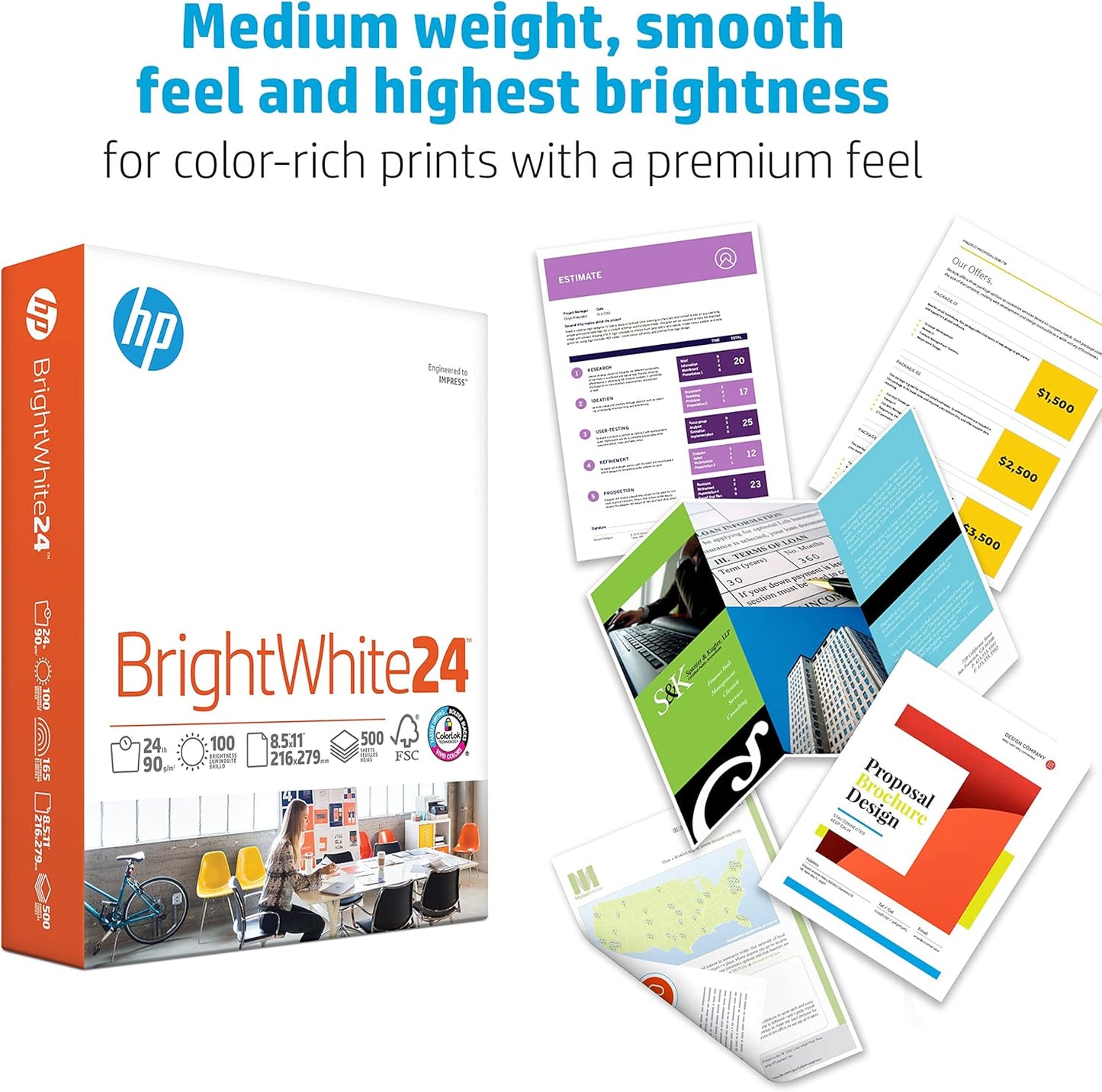 HP Paper Printer Paper 8.5x11 Office 20 lb 5 Ream Case 2500 Sheets 92 Bright Made in USA FSC Certified Copy Paper HP Compatible 112150C