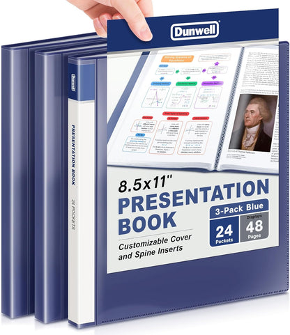 Dunwell Presentation Binder 24-Pocket, Displays 48 Pages, 8.5x11 Portfolio Binder with Plastic Sleeves, Storage and Organizer for Documents, Certificates, Projects, Photos (3 Pack, Black)