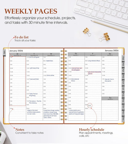 2026 Planner, Weekly and Monthly Calendar Planner from January 2026 - December 2026, 8.5" x 11" Hardcover Leather Hourly Appointment Book with Tabs, Spiral Daily Planners for School Work Home, Green