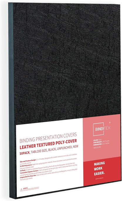 Binditek 100 Pack 16 Mil Leather-Textured Heavyduty Polycovers, Plastic Binding Presentation Covers, Letter Size, 8-1/2 x 11", Square Corners, Un-Punched, Black