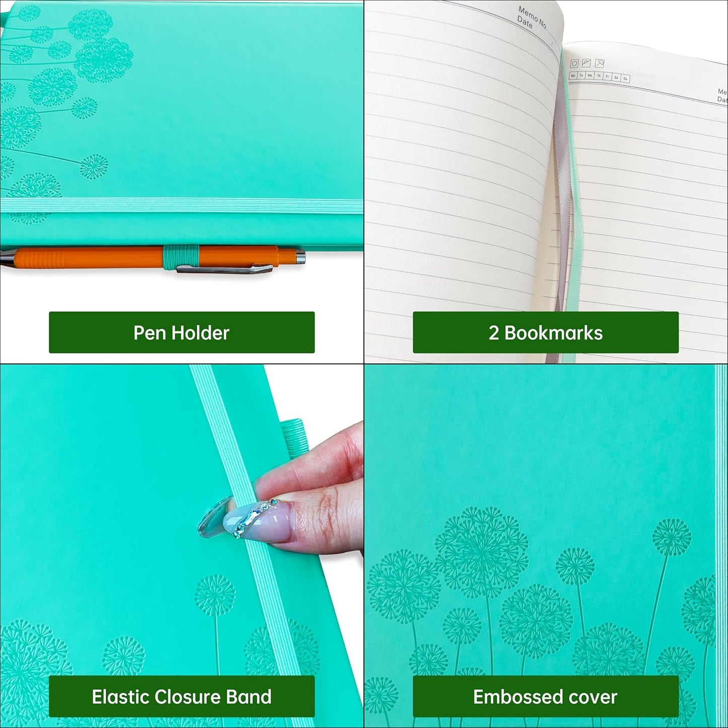 Notebook Journal for Women,A5 Hardcover Leather Journaling Notebooks for Work,200 Pages Travel Journal for Women Men with Pen Holder and Ribbon,5.78"×8.34"(Turquoise)