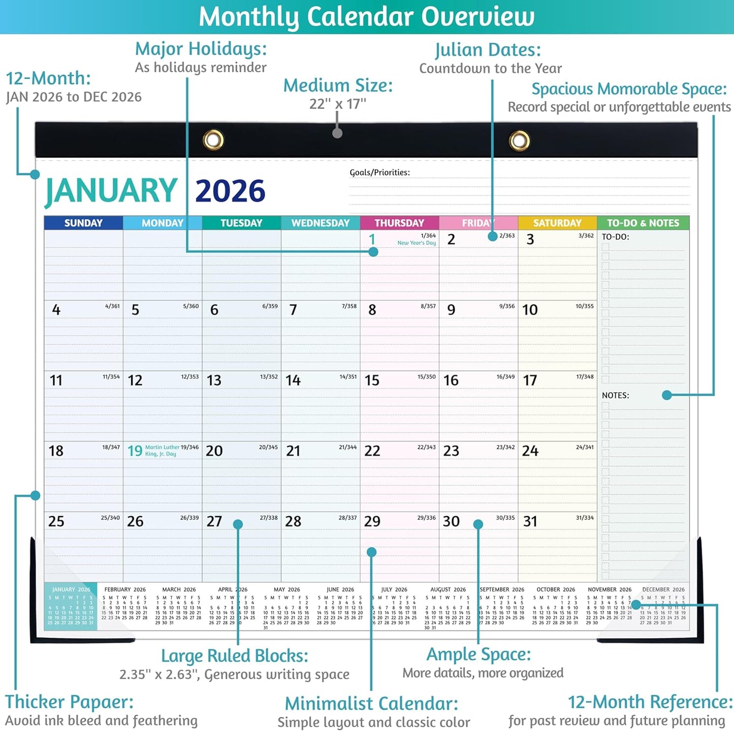 2026-2027 Desk Calendar – Run Now to MAR. 2027, 18 Monthly Desk Calendar 2026-2027 Large, 17'' x 12'', Best Desk/Wall Calendar 2026 with To-do Lists, Desk Pad, Ruled Blocks, Corner Protectors