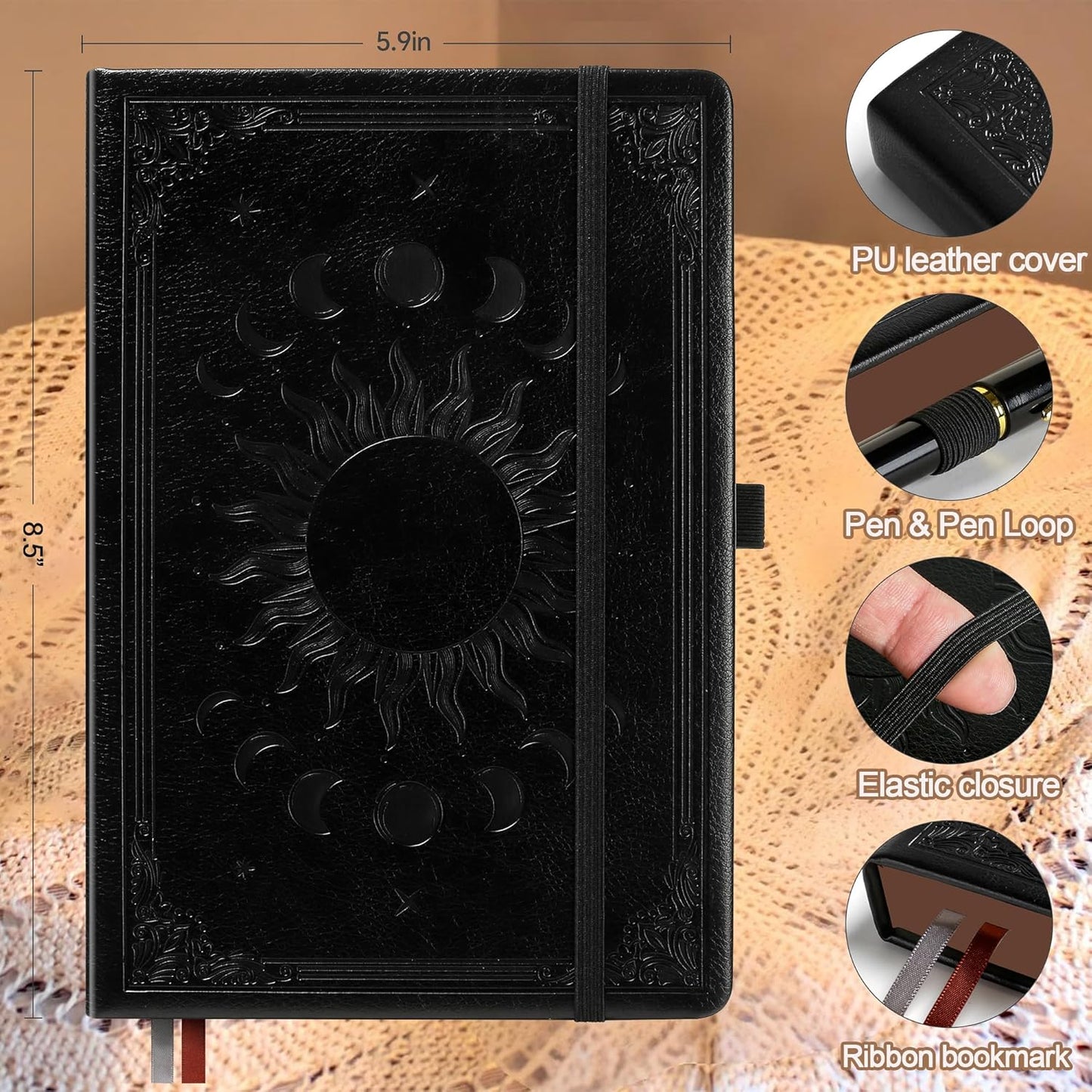 Journal Notebook for Women/Men, Daily for Classic Lined Writing,360 Pages Leather Hardcover with Vintage Sun & Moon Design, SeaGreen, A5 (14.5 x 21 cm)