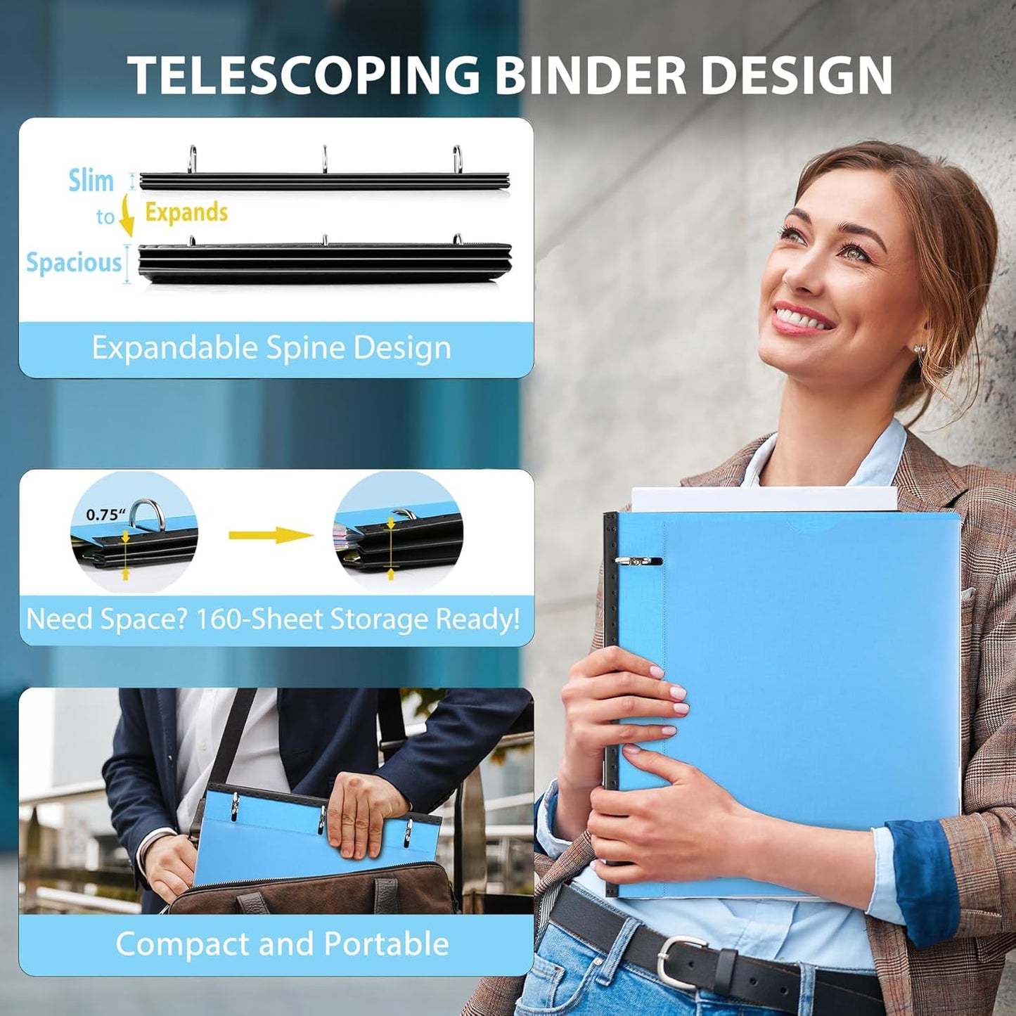 WOT I 1 Inch Telescoping 3 Ring Binder 4 Pack, Expandable Flexible Binder with Customizable Front Cover & Clear Catalog Pocket, Holds 225 Sheets, School Office Supplies, White