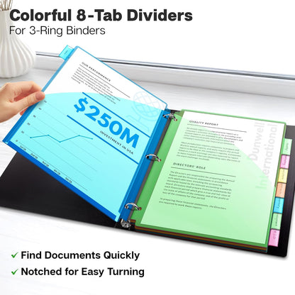 Dunwell 8-Tab Dividers with Pocket for 3-Ring Binders (3 Sets, 24 Count), Plastic One Pocket Dividers with Tabs, Slash File Jackets 3 Hole Punched for 8.5x11 Paper, Poly Pocket Notebook Dividers