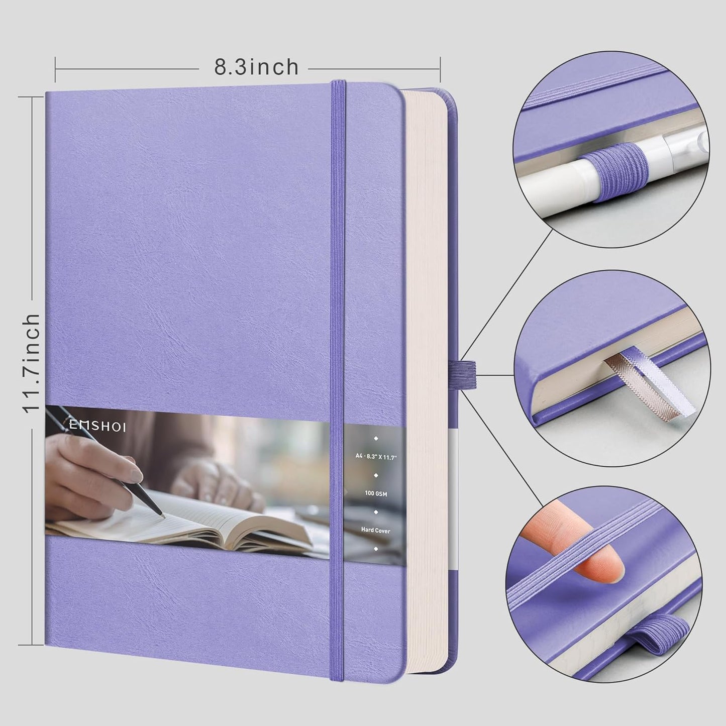 EMSHOI A4 College Ruled Notebook, Large 8.3" x 11.7", 192 Pages 100GSM Ink-Proof Faux Leather Hardcover Lay-Flat Lined Journal for Office School Work Writing, Black