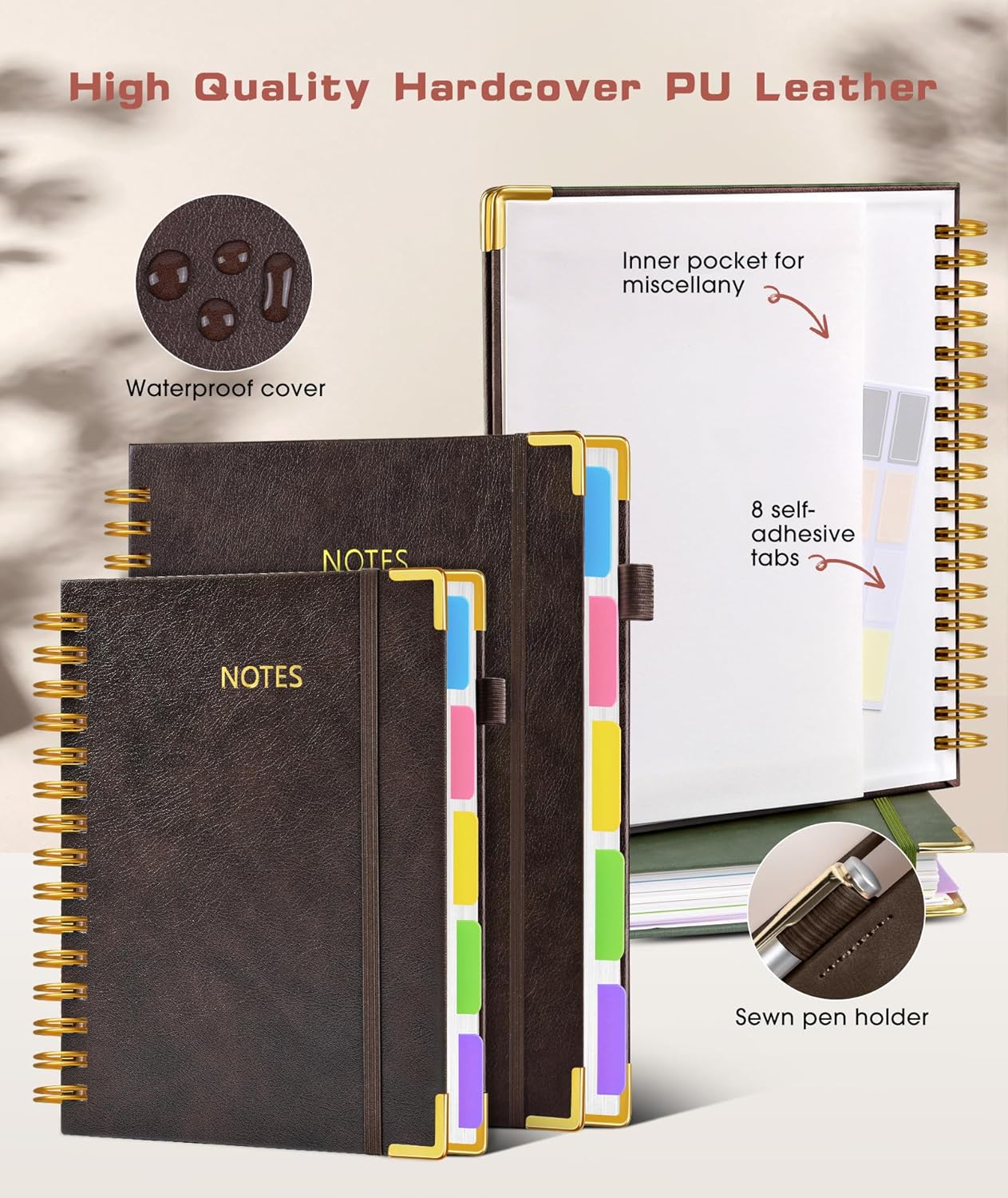 Hardcover Spiral Notebook Journal with Removable Dividers Tabs, 300 Pages Leather 5 Subject Notebook College Ruled, 8"x10" Large B5 Notebooks for Work School Note taking, Lined Journal for Women, Pink