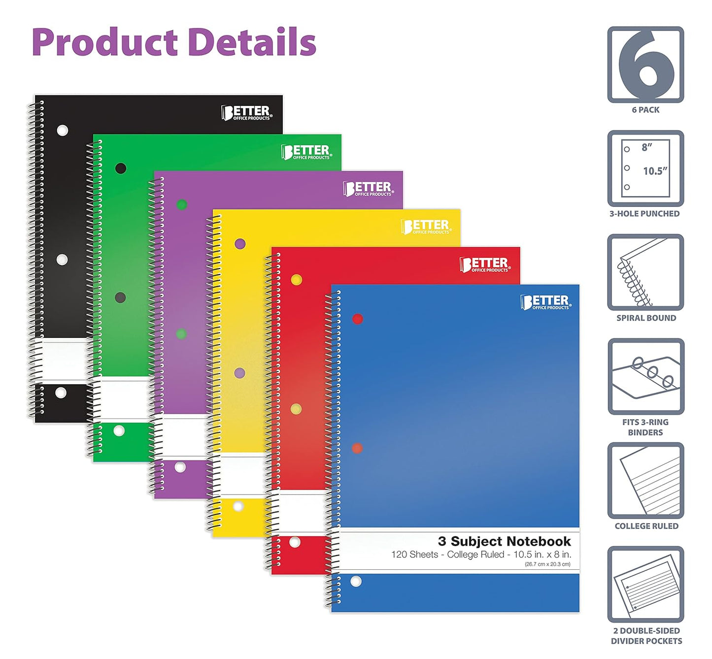 Better Office Products Spiral Notebooks 3-Subject, 6 Pack, College Rule, 120 Sheet Notebook with Sturdy Pocket Dividers, 10.5 x 8 inches, 6 Assorted Primary Colors, 6 Pack