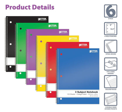 Better Office Products Spiral Notebooks 3-Subject, 6 Pack, College Rule, 120 Sheet Notebook with Sturdy Pocket Dividers, 10.5 x 8 inches, 6 Assorted Primary Colors, 6 Pack