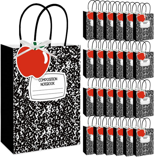 Whaline 36Pcs Composition Notebook Paper Bags with Apple Tags Treat Bags with Handles Black Candy Goodie Bag for Teacher Appreciation Back to School Classroom Party Favors Supplies