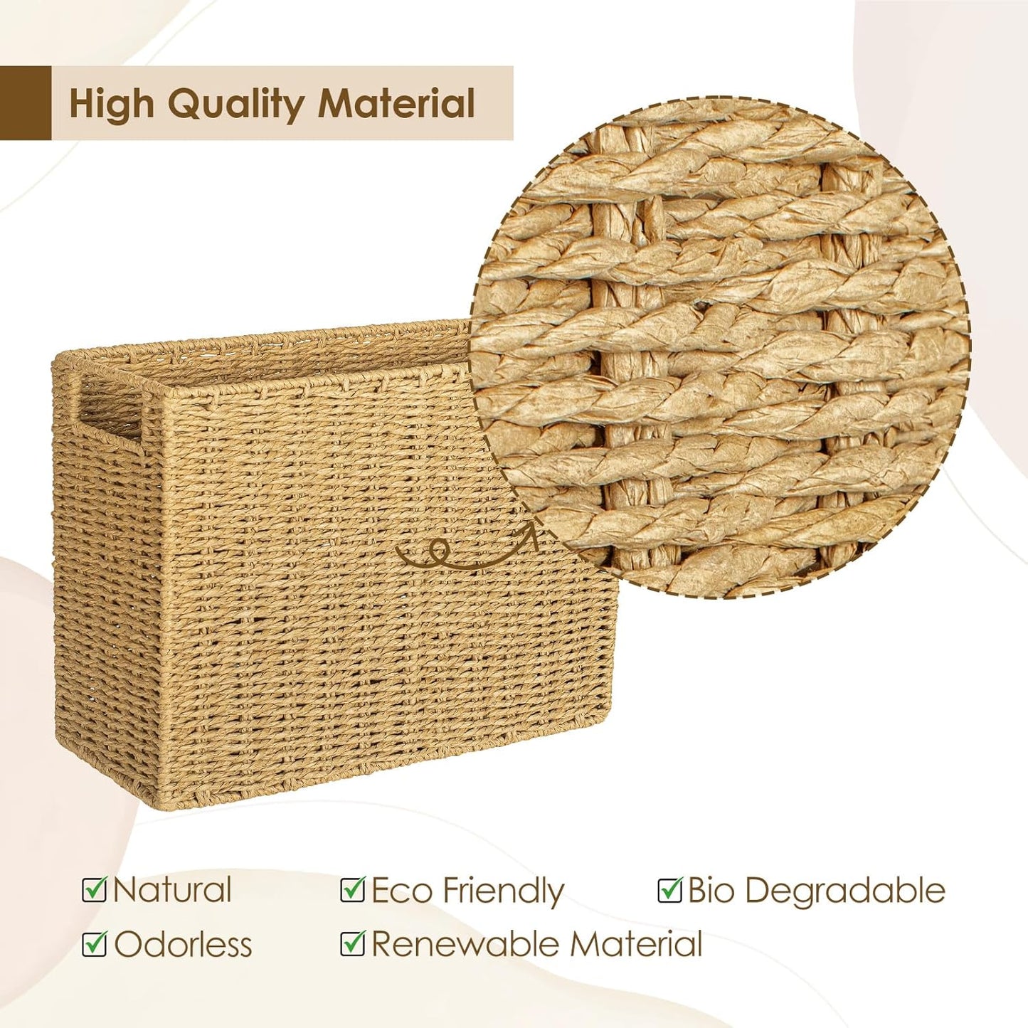 AELS Woven Natural Fibre Magazine Holder, Scalloped Edge Floor Magazine Rack, Hand-woven Organizer, Boho Modern Farmhouse Book Basket, File Newspaper Mail Holder for Office