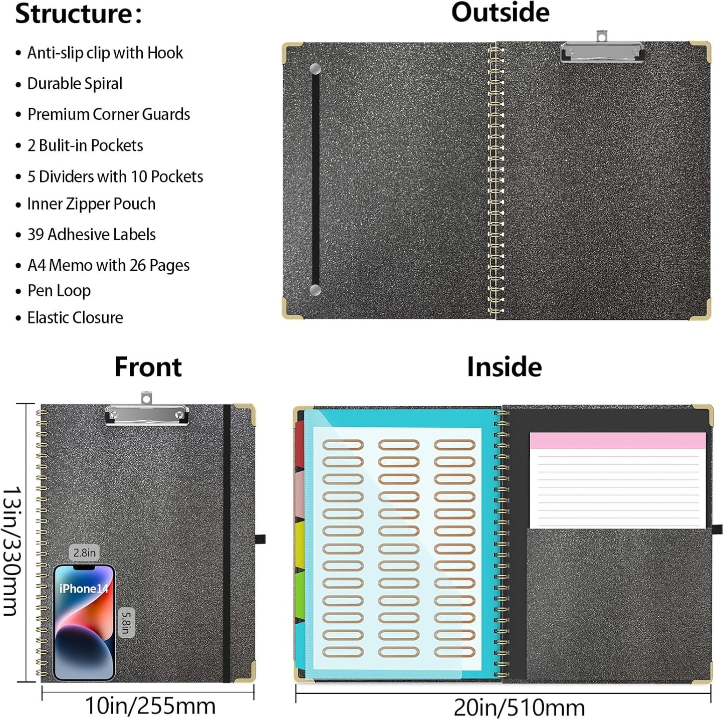 Clipboard Folio with Storage Clipboards Padfolio Notebook for Letter Size (11" x 8.5"), Pink Clipboards with 10 Pockets and 5 Folders Nursing Teacher School Essentials (Stay Positive)