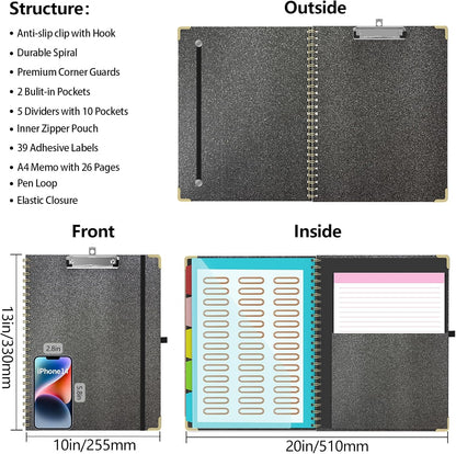 Clipboard Folio with Storage Clipboards Padfolio Notebook for Letter Size (11" x 8.5"), Pink Clipboards with 10 Pockets and 5 Folders Nursing Teacher School Essentials (Stay Positive)