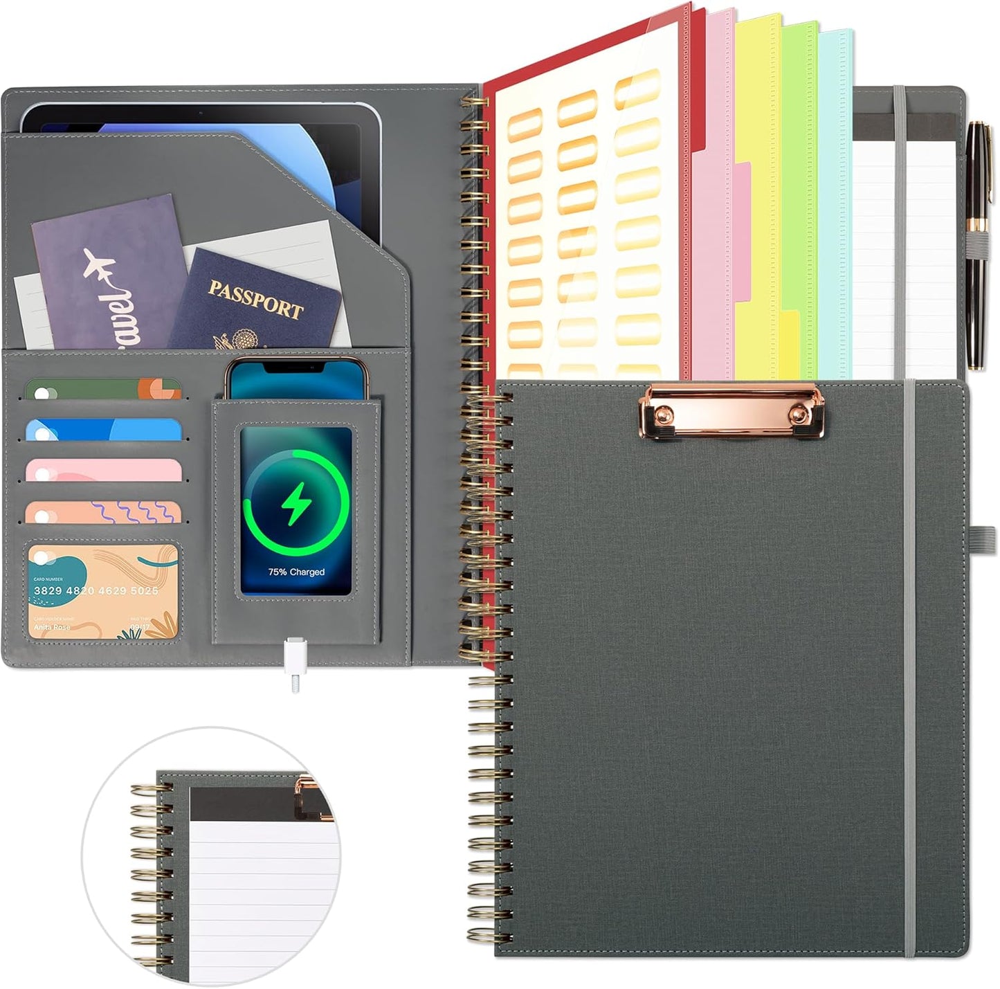 Ospelelf Clipboard with Storage for Women, Leather Padfolio Portfolio Organizer 5 Folders with 10 Pockets, Spiral Clipboard Folio with Notepad for Letter Size, Elastic Closure and Pen Loop Floral