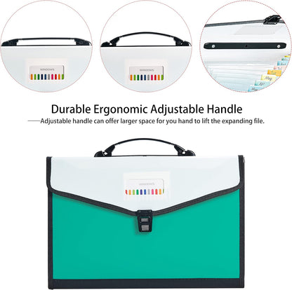 Leagl Size 13-Pockets Expanding File Folder with Handle, Plastic Accordion Filling File Folder Expandable Monthly Portable Paper Document Organizer for Office School & Home (Green)