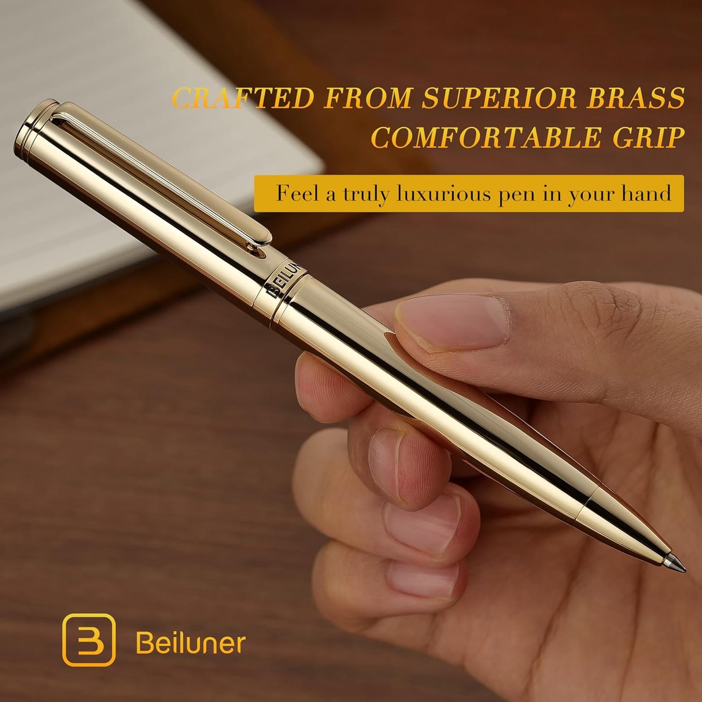 BEILUNER Luxury Gel Pen with 24K Gold Finish, Black Piano Lacquer, Luxury Grade Craftsmanship, Best Pen Gift Set for Men and Women, Professional, Executive, Office, Retractable Nice Pens