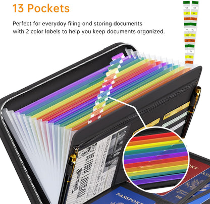 Tamfile Fireproof Accordion File Organizer with Handle, 13 Pocket Transparent Expanding File Folder with Zipper & Labels, File Folder with Multi-Pockets Paper Organizer Folder for Letter A4 Files