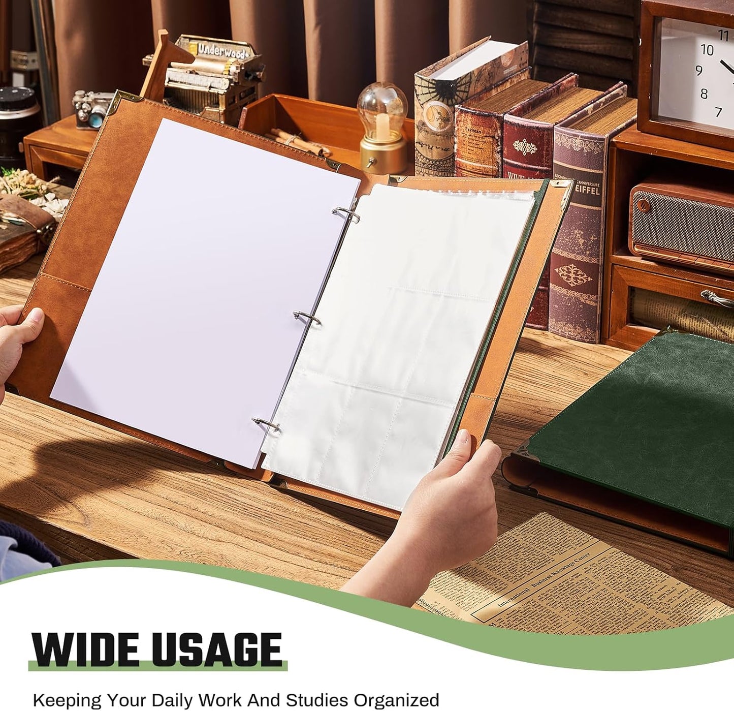Ovesmusl Leather 3 Ring Binder 1 Inch Round Ring Binder Fits 200 Sheets 8.5"x11" Letter Size Paper, Wedding Family History Notebook Cover Loose Leaf Organizer, Brown