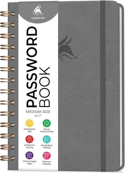 Clever Fox Password Book Spiral – Internet Address & Password Organizer with Laminated Alphabetical Tabs – Password Keeper Journal – Hardcover, Medium Size, 6.1x7.7” (Mystic Blue)