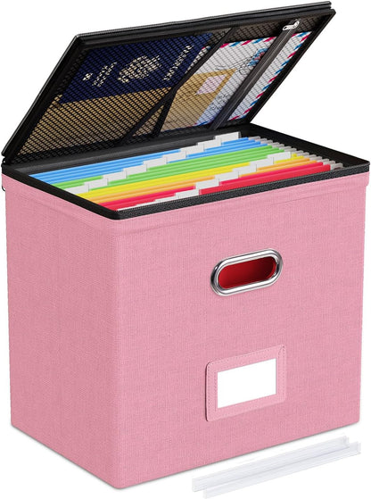 Oterri 2 Pack File Organizer Boxes with Lids, File Box with Mesh Pockets, Document Organizer Box for File Folders Letter Size, Zippers Filing Box for Home, Office, School (Green, Without Folders)