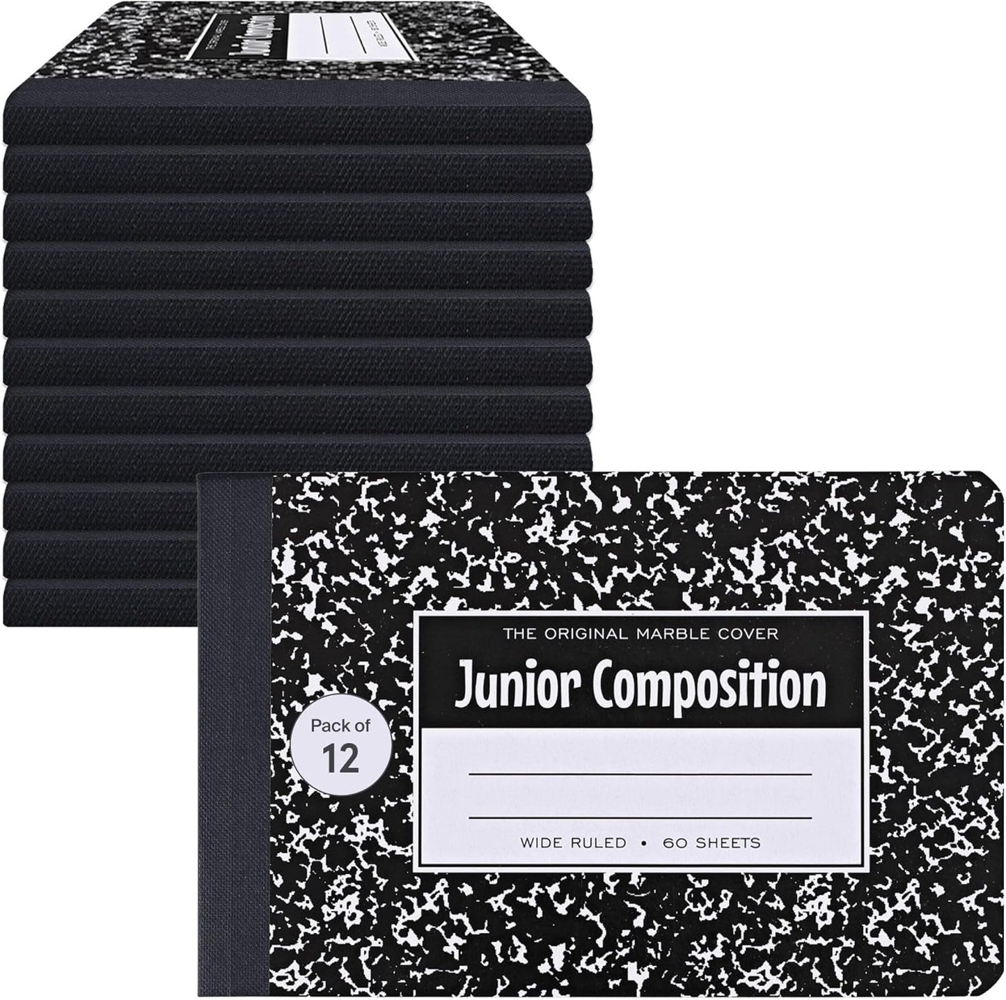 ROARING SPRING Junior Marble Composition Books, 12-Pack, Specially Sized 4.875"x7.5" for Smaller Users, 60 Sheets 15# White Wide Ruled Paper, Hard Board Covers, Black Marble (77125)