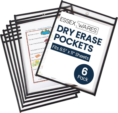 Essex Wares - 6 Pack, Assorted, Dry Erase Pocket Document Protectors, 10" Wide x 13.5" Tall- Dry Erase Clear Plastic Sleeves - Reusable & Easy Erase Plastic Invoice Holders, Water-Resistant & Durable