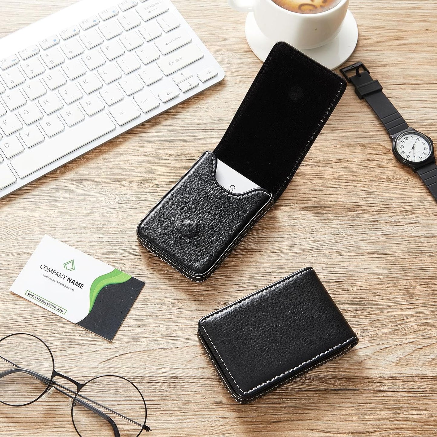 Outus 2 Pieces Business Card Holder, PU Leather Business Card Case Pocket Wallet with Magnetic Shut for Valentines Gift Men Women(Black and Coffee,Classic)