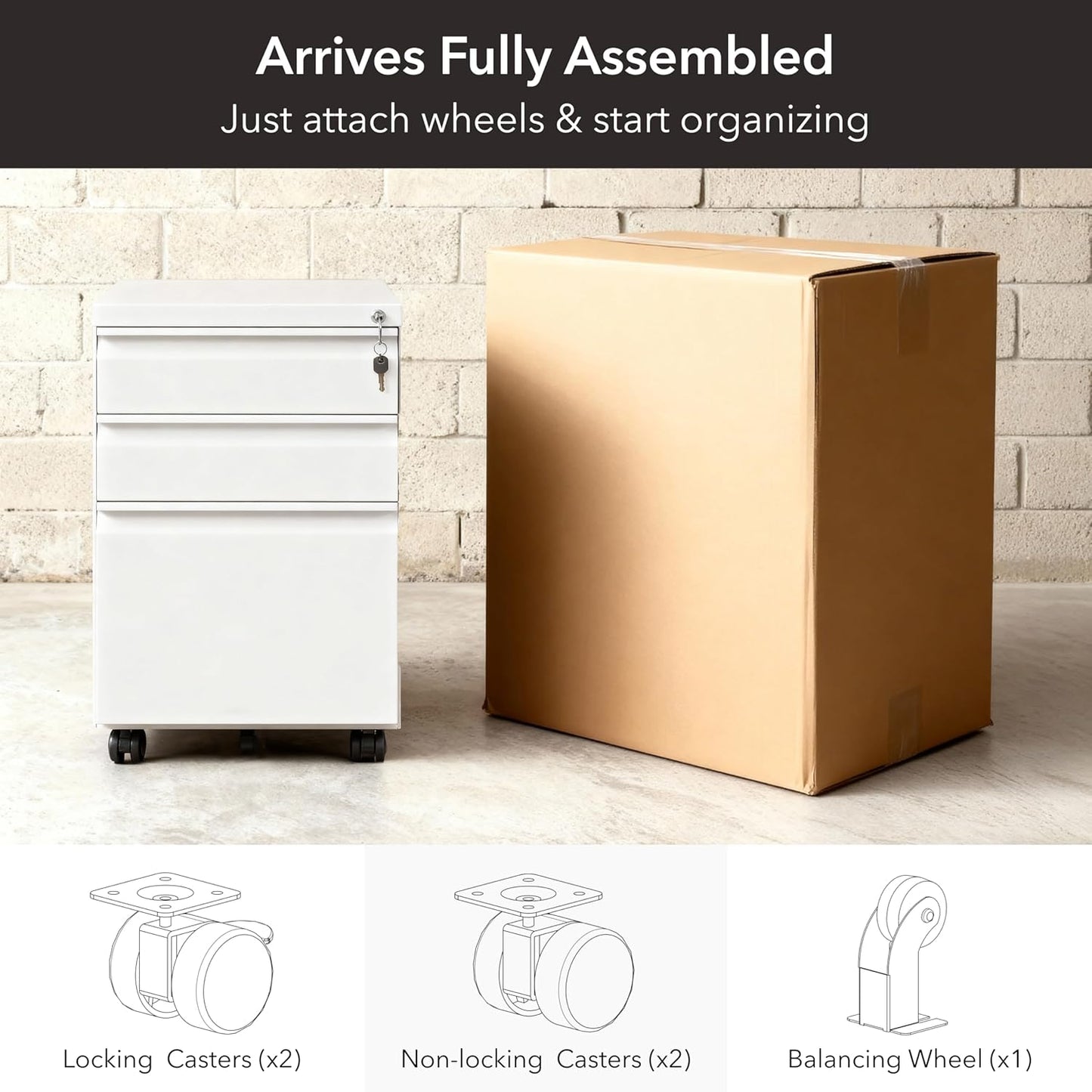 Mount-It! 3 Drawer File Cabinet with Lock and Wheels, Heavy-Duty Steel Rolling Drawer Cabinet, Fully Assembled Under Desk Filing Cabinet for Home Office Storage, 15.3" W x 19.75" D x 24.5" H, Black