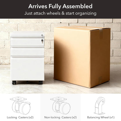 Mount-It! 3 Drawer File Cabinet with Lock and Wheels, Heavy-Duty Steel Rolling Drawer Cabinet, Fully Assembled Under Desk Filing Cabinet for Home Office Storage, 15.3" W x 19.75" D x 24.5" H, Black