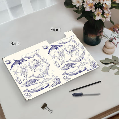 Ku-dayi Coastal Ocean Beach Clipboard Padfolio with Storage Pocket, Blue and White Sea Animals Jellyfish Whale Shark Sea Turtle Crab Low Profile Clip Boards for Nurse Office Classroom, 12.4 x 9.25 in