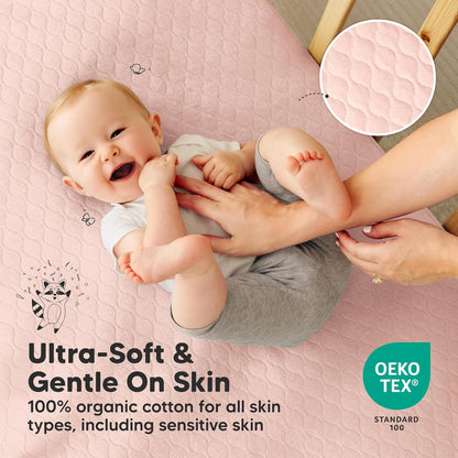 2-Pack Waterproof Crib Mattress Protector Cover Fitted - Quiet Baby Crib Mattress Pad Sheets, 52" x 28" Soft Quilted Cotton Baby Sheet, Machine Washable, Easy Fit, Durable (Soft White/Mavy)