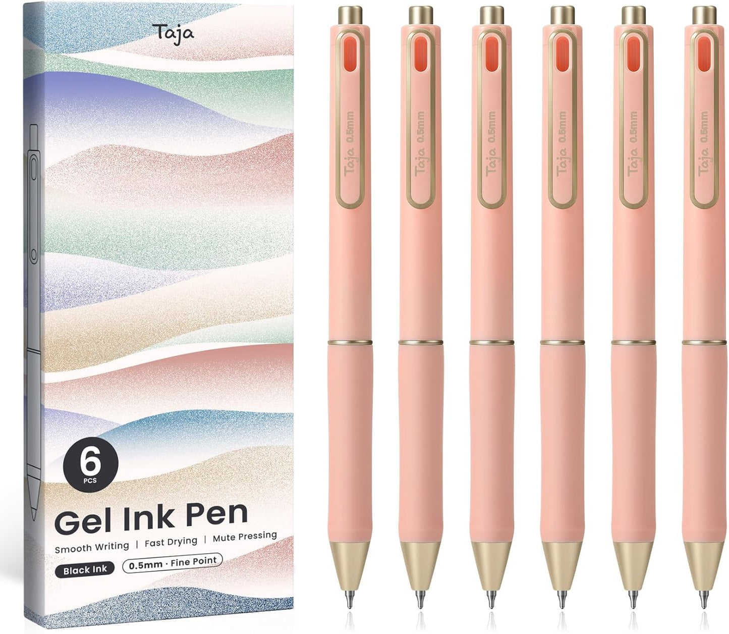 Taja Gel Pens, 6 Pcs Quick Dry Black Gel Ink Pens, 0.5mm Fine Point Smooth Writing Pens for Journaling and Note Taking, Cute Aesthetic Pens for Women & Men-Pastel