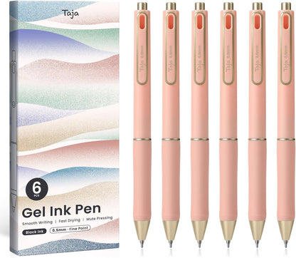 Taja Gel Pens, 6 Pcs Quick Dry Black Gel Ink Pens, 0.5mm Fine Point Smooth Writing Pens for Journaling and Note Taking, Cute Aesthetic Pens for Women & Men-Pastel