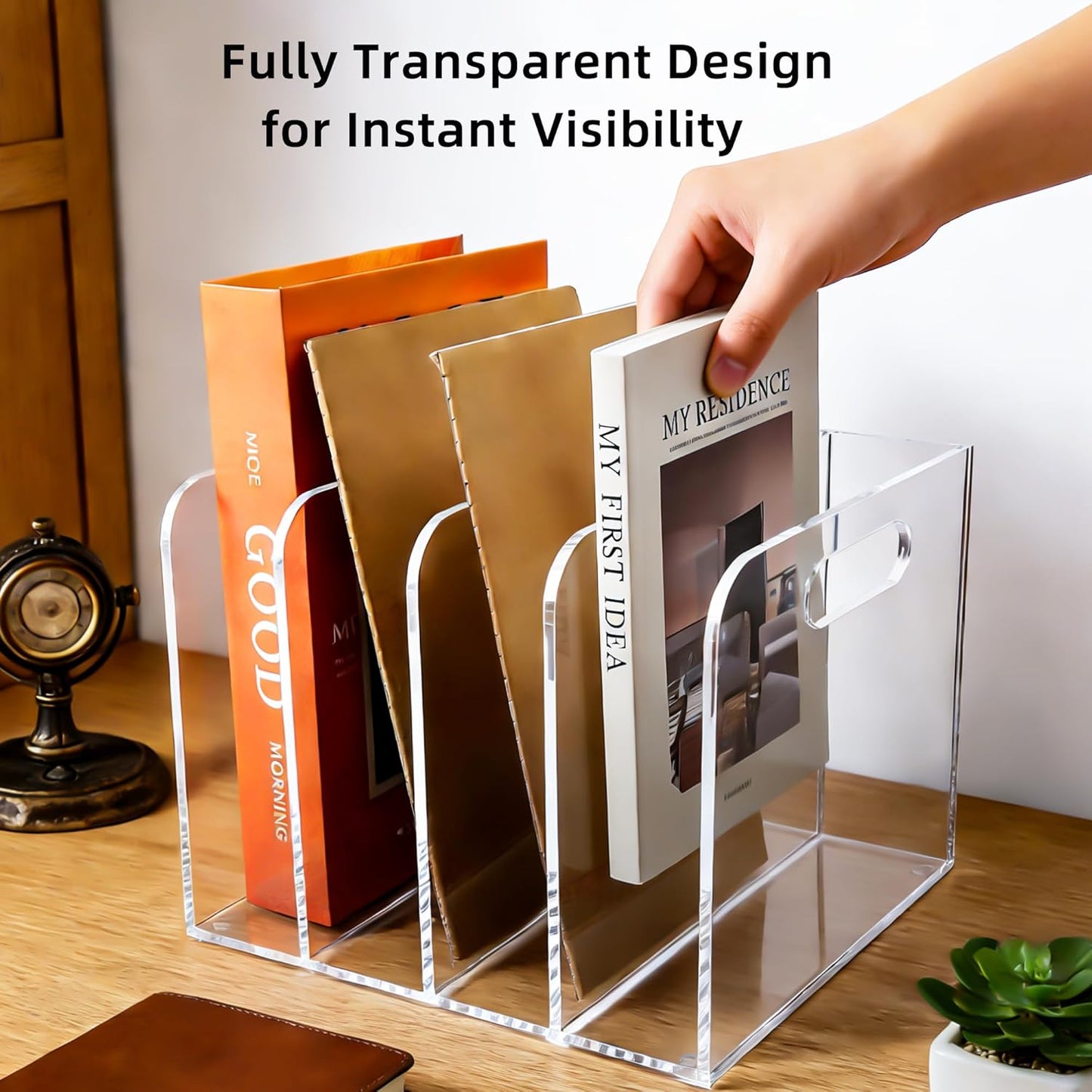 Acrylic Magazine File Holder, 4 Vertical Compartments Desk Document Sorter Organizer, Clear Folder Rack Binder for Office, Tablets, Magazines, Books – Home/Classroom Rack, 5mm Thick