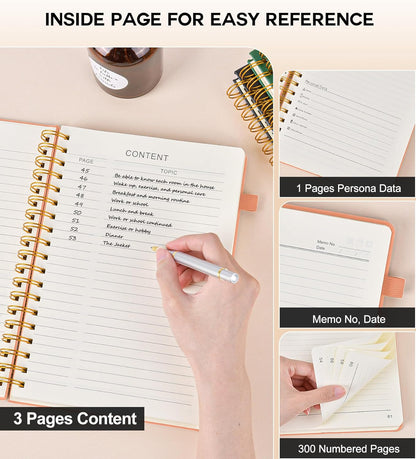 Spiral Notebook Journal for Women Men, 300 Numbered Lined Pages, College Ruled, A5 Hardcover Spiral Bound Notebook for School, Work, Note Taking Writing, Leather Spiral Journal Medium 5.9"x8.5"