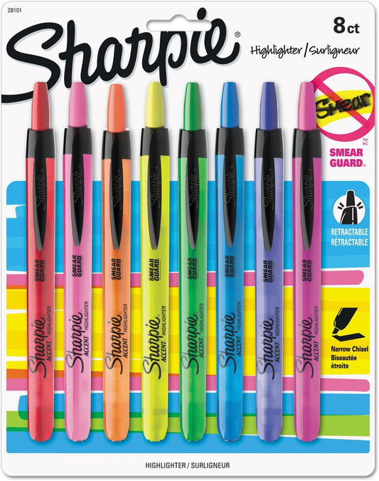Sharpie 28101 Accent Retractable Highlighters Chisel Tip Assorted Colors 8/Set