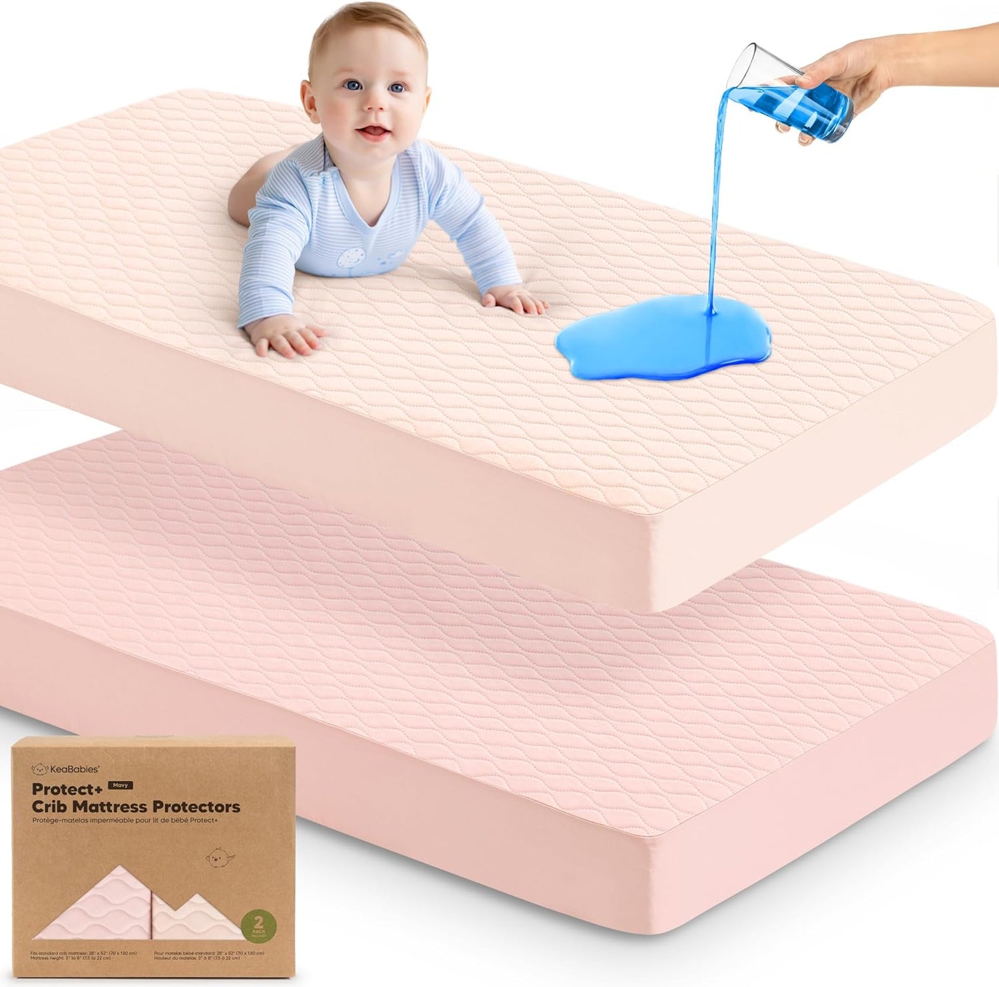 2-Pack Waterproof Crib Mattress Protector Cover Fitted - Quiet Baby Crib Mattress Pad Sheets, 52" x 28" Soft Quilted Cotton Baby Sheet, Machine Washable, Easy Fit, Durable (Soft White/Mavy)