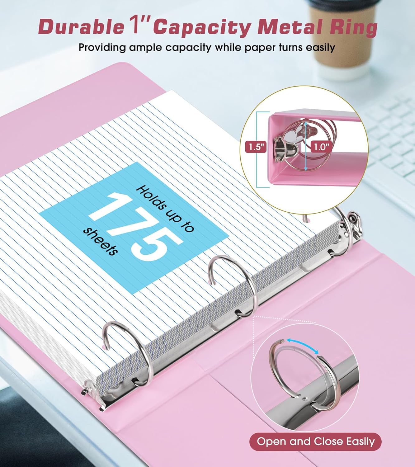 3 Ring Binder 1.5 inch，Cute Binder Organizer with 5 Tab Dividers Fits 175 Sheets of 8.5x11 Paper,Customizable Clear Cover with Inside Pockets,Aesthetic 1.5" Three Ring Binders for School Office,Purple