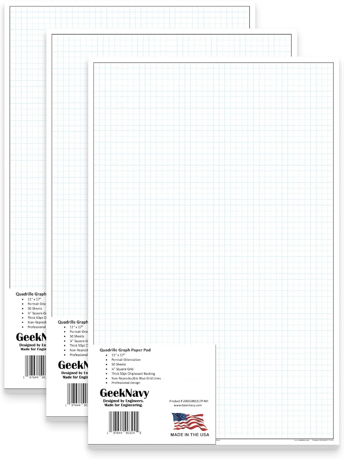 GeekNavy 11" x 17" Quadrille Graph Paper 50 Sheets Landscape - 0.25" 4x4 Square Grid, Blueprint, High Brightness, Border-Outlined, Large Drafting (1-Pack)
