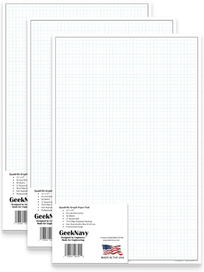 GeekNavy 11" x 17" Quadrille Graph Paper 50 Sheets Landscape - 0.25" 4x4 Square Grid, Blueprint, High Brightness, Border-Outlined, Large Drafting (1-Pack)