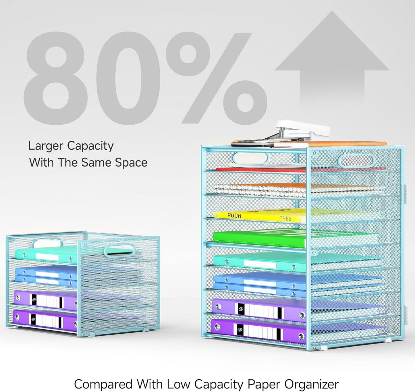 Cawukege 9 Tier Paper Organizer with Handle, Black Large Capacity Desk Organizer Mesh File Folder Letter Paper Tray Desktop Document Sorter for Classroom, School, and Office Accessories Organization