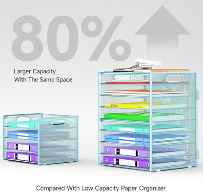 Cawukege 9 Tier Paper Organizer with Handle, Black Large Capacity Desk Organizer Mesh File Folder Letter Paper Tray Desktop Document Sorter for Classroom, School, and Office Accessories Organization