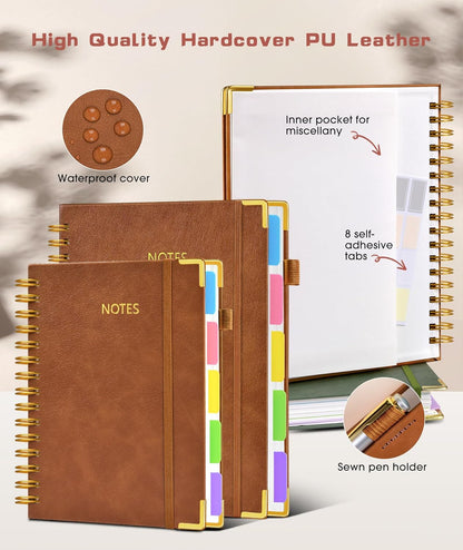 Hardcover Spiral Notebook Journal with Removable Dividers Tabs, 300 Pages Leather 5 Subject Notebook College Ruled, 8"x10" Large B5 Notebooks for Work School Note taking, Lined Journal for Women, Pink