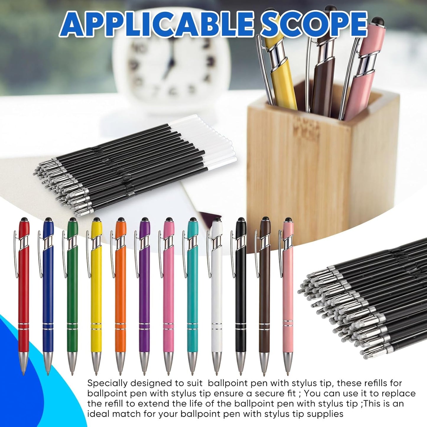 Zonon 100 Pcs 3.85 Inch Retractable Ballpoint Pen Refills Bulk for Metal Pens with Stylus Tip, 1 mm Medium Point Tip, 2 in 1 Touch Screen Stylus Pen Refills for Click Pens with Spring(Black Ink)
