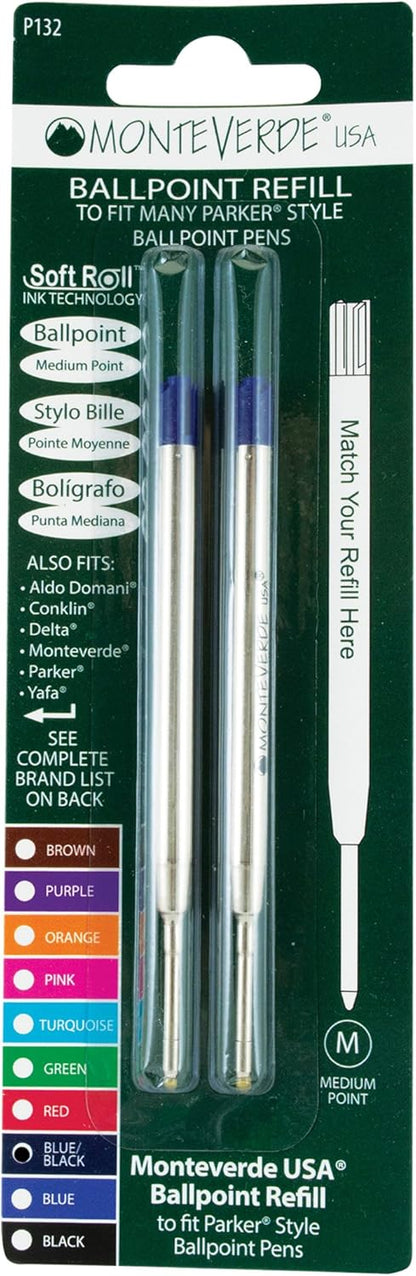 Monteverde Soft Roll Ballpoint Pen Refills to Fit Parker-Style Pens, Medium Point, Brown, 2-Pack, Smooth Writing Technology for Parker, Conklin, Schmidt, and More