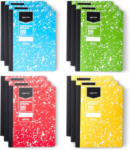 Amazon Basics Composition Notebook, College Ruled, 100 Sheets, 9.75" x 7.5", Assorted Marble Colors, 12-Pack